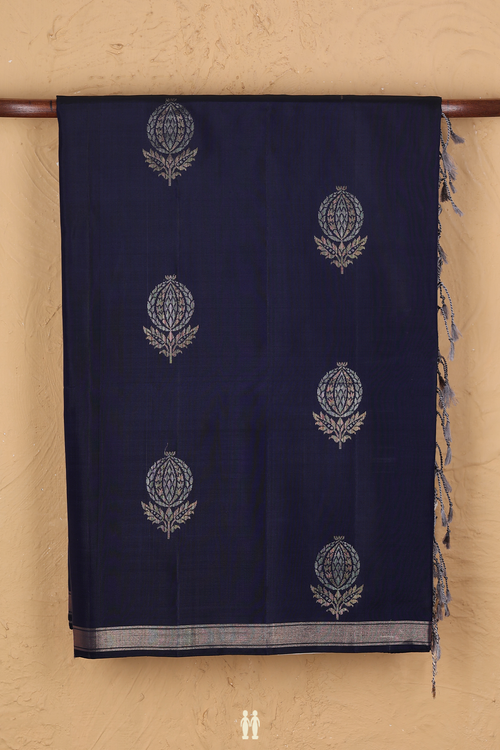 Soft Silk Saree In Navy Blue With Floral Motifs