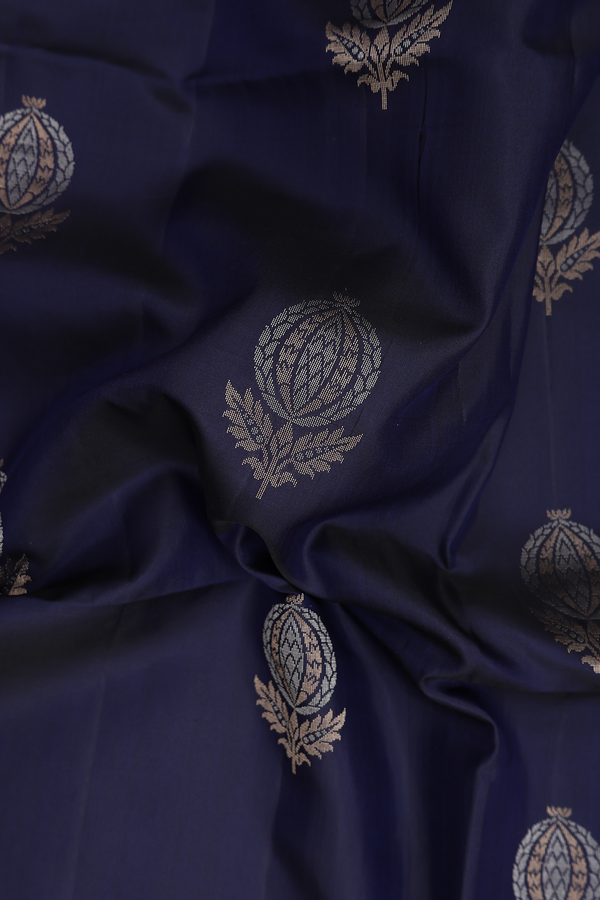 Soft Silk Saree In Navy Blue With Floral Motifs