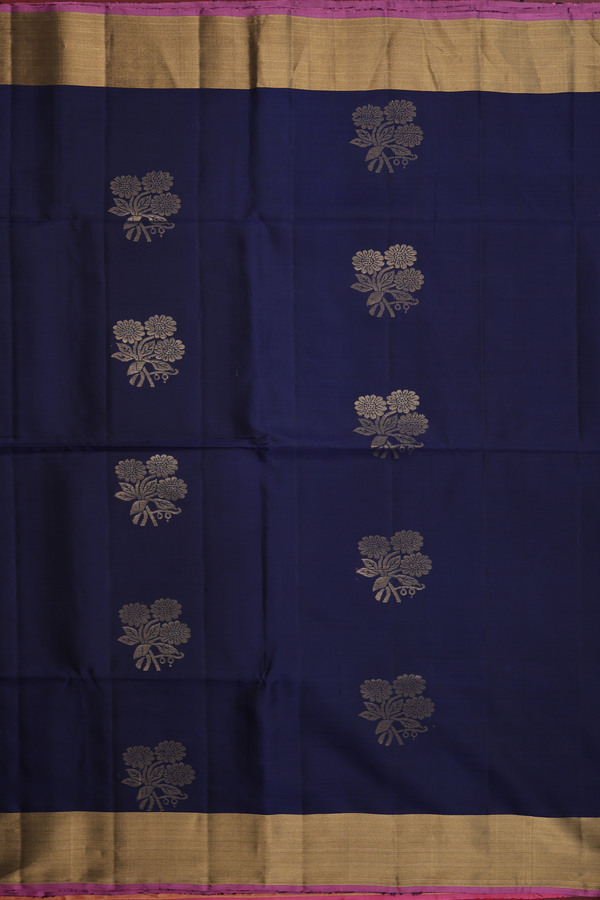 Soft Silk Saree In Navy Blue With Floral Zari Motifs