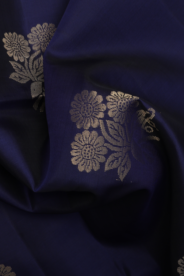 Soft Silk Saree In Navy Blue With Floral Zari Motifs