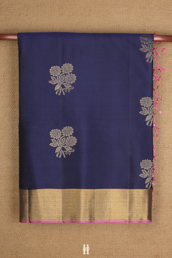 Soft Silk Saree In Navy Blue With Floral Zari Motifs