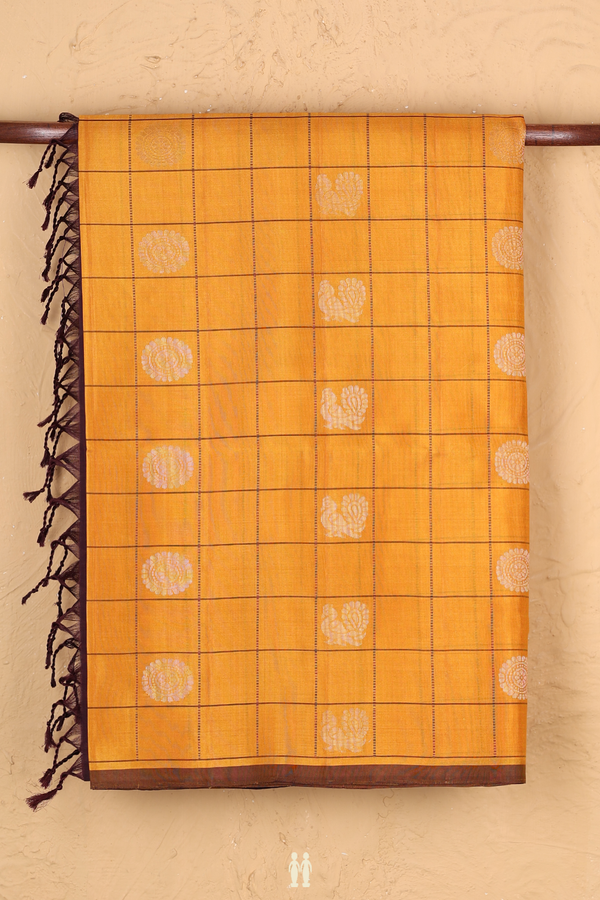 Soft Silk Saree In Honey Orange Along Checks With Buttas
