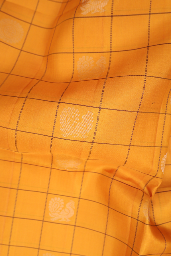 Soft Silk Saree In Honey Orange Along Checks With Buttas