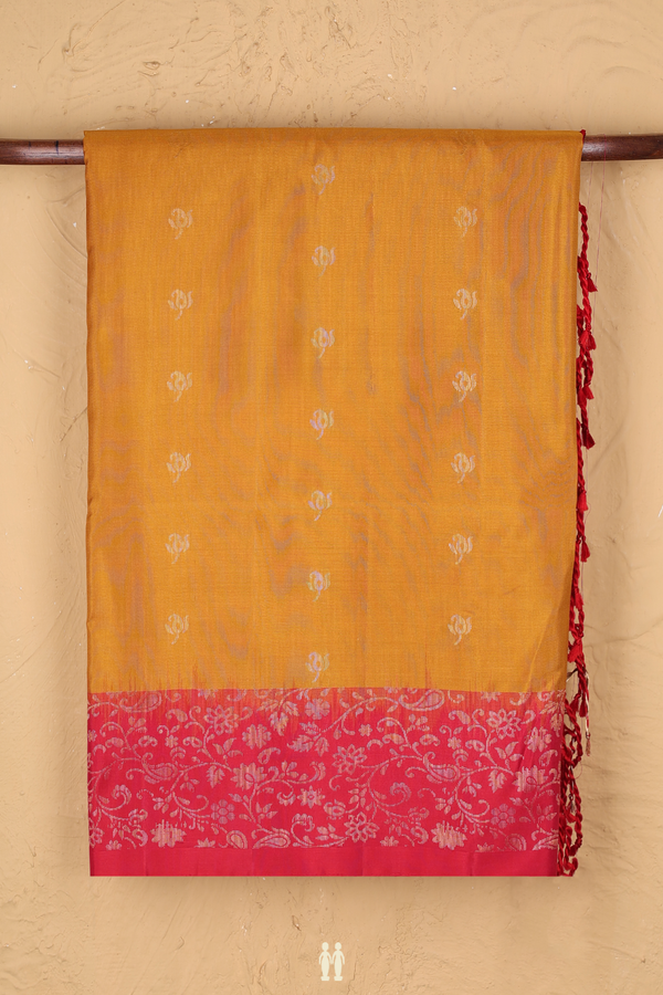 Soft Silk Saree In Ochre Orange With Floral Buttas
