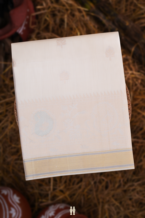 Soft Silk Saree In Off White With Floral Zari Motifs