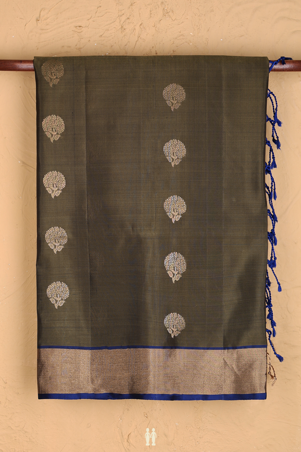 Soft Silk Saree In Olive Green With Floral Buttas