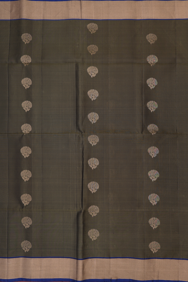 Soft Silk Saree In Olive Green With Floral Buttas