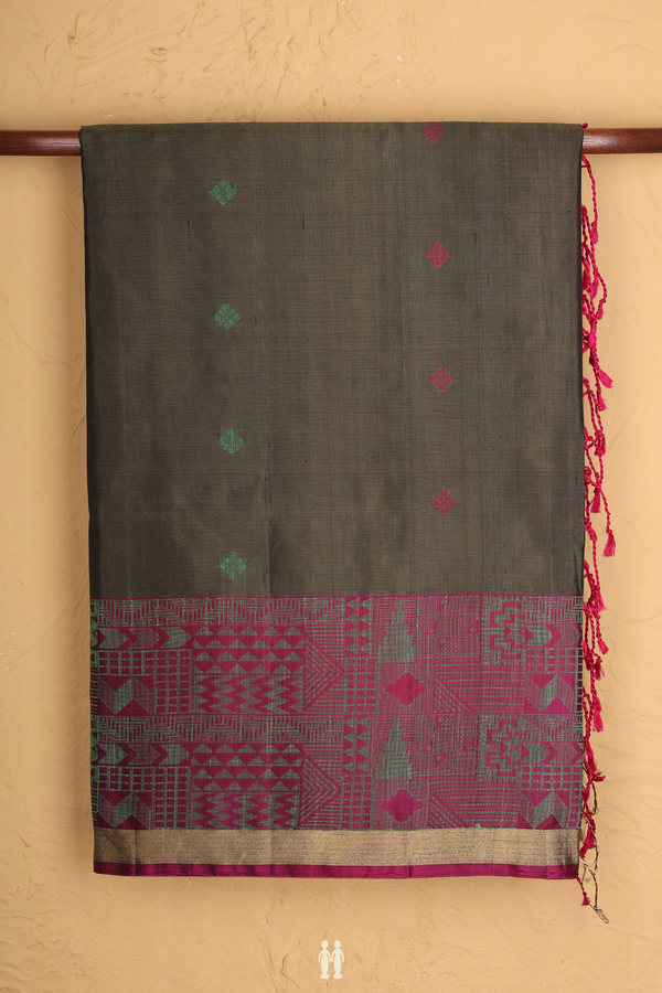 Soft Silk Saree In Olive Green With Threadwork Buttas