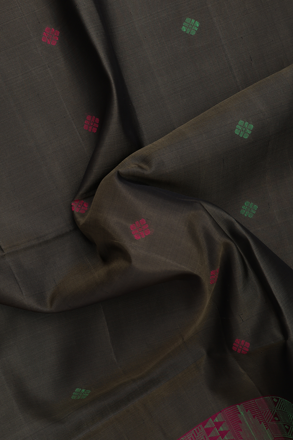 Soft Silk Saree In Olive Green With Threadwork Buttas