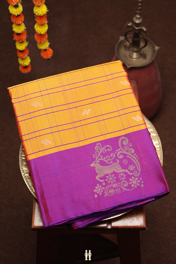 Soft Silk Saree In Orange With Checks Design