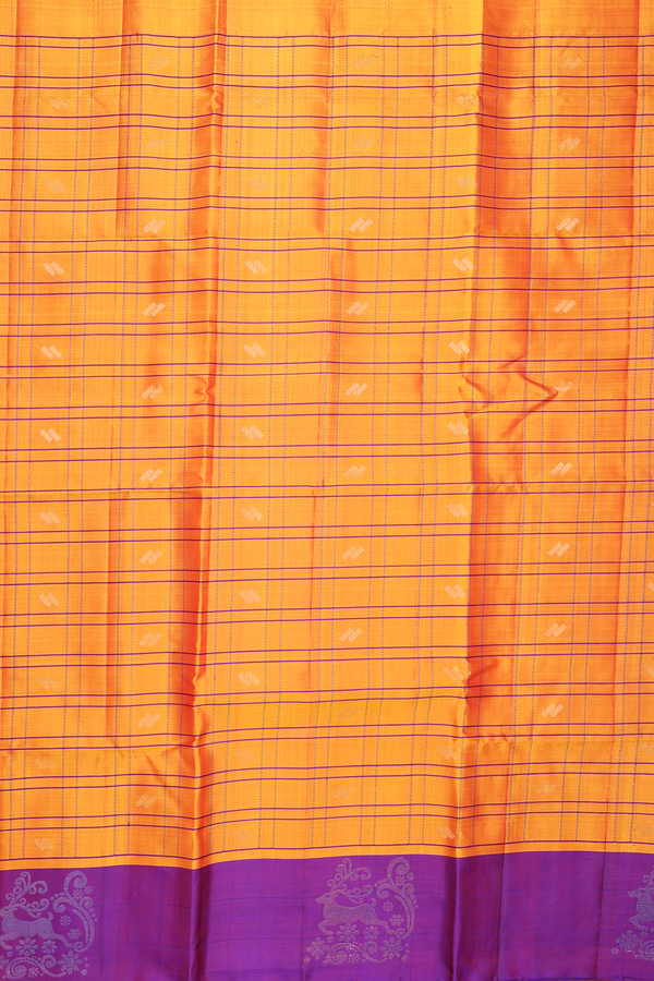 Soft Silk Saree In Orange With Checks Design