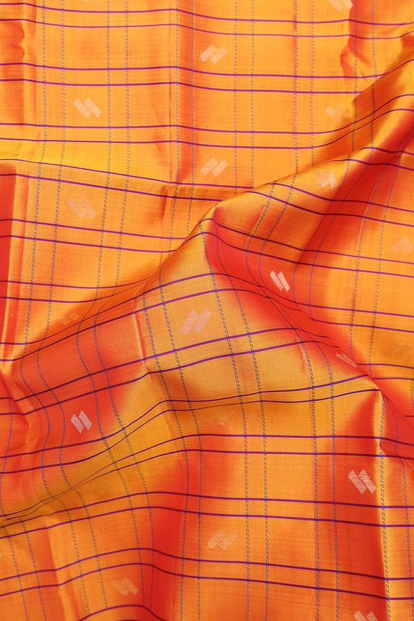 Soft Silk Saree In Orange With Checks Design