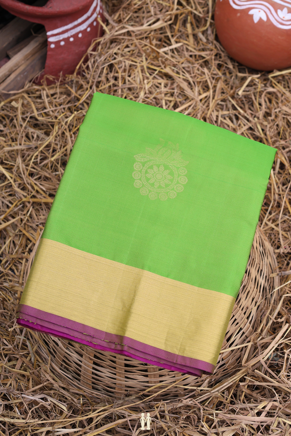 Soft Silk Saree In Parrot Green With Floral Motifs