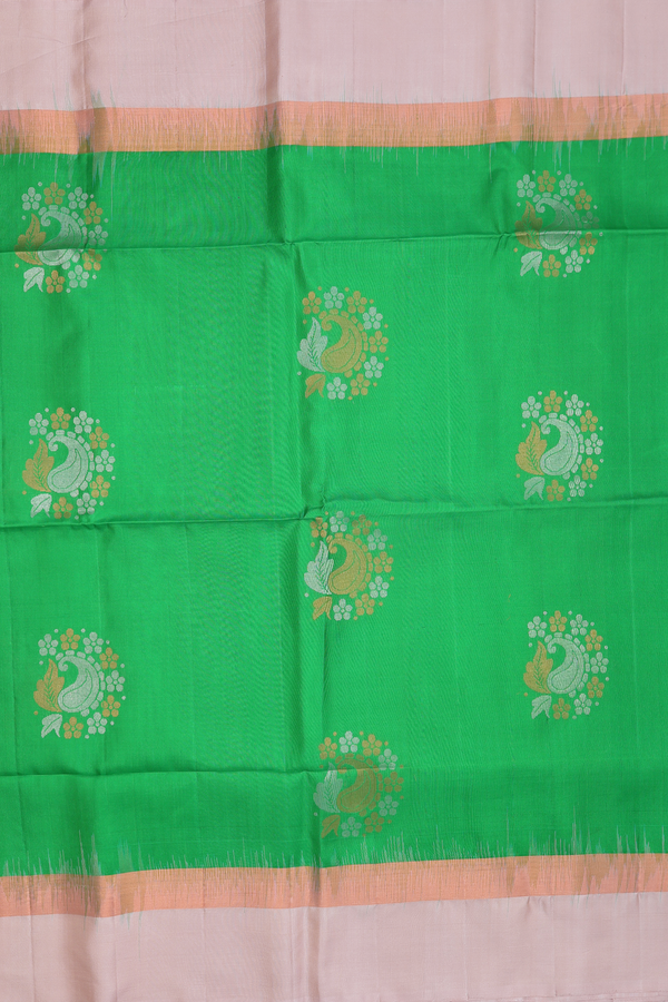 Soft Silk Saree In Parrot Green With Paisley Motifs