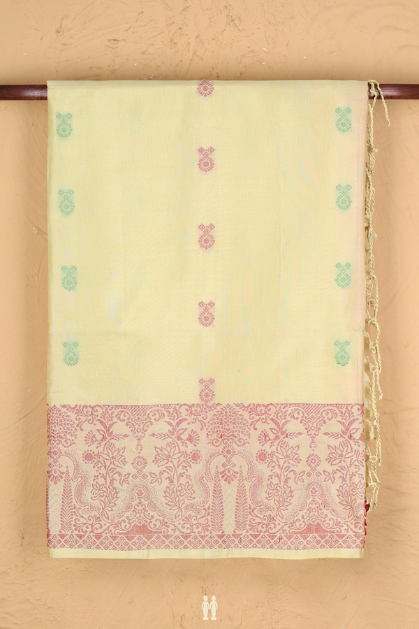 Soft Silk Saree In Pastel Yellow With Threadwork Floral Buttas