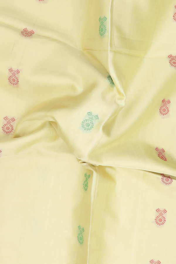 Soft Silk Saree In Pastel Yellow With Threadwork Floral Buttas
