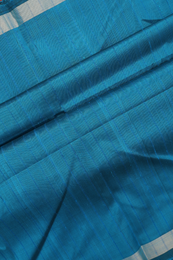 Soft Silk Saree In Peacock Blue With Stripes Design