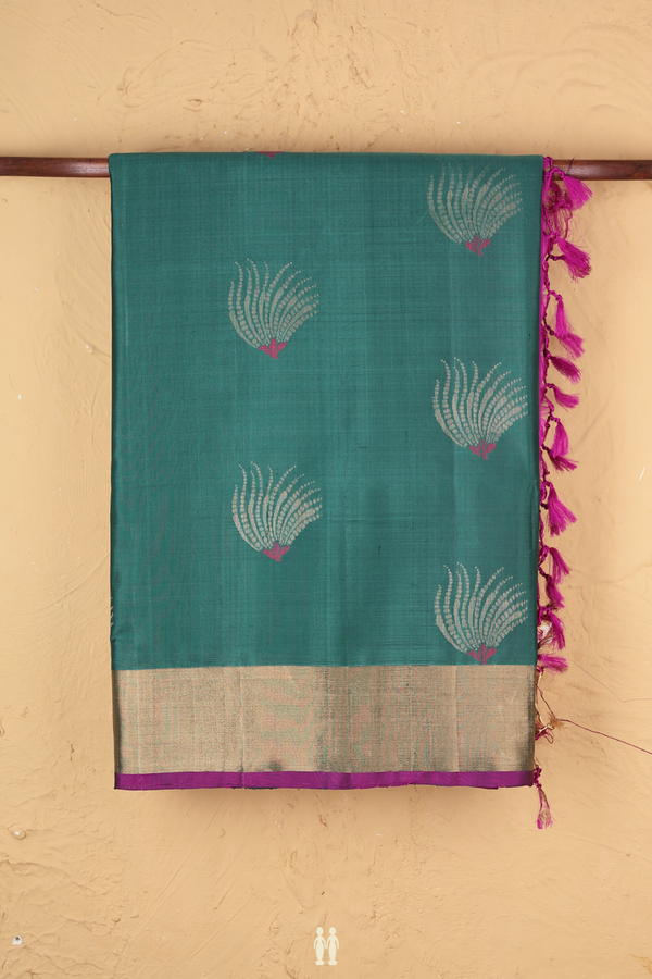 Soft Silk Saree In Pine Green With Zari Motifs