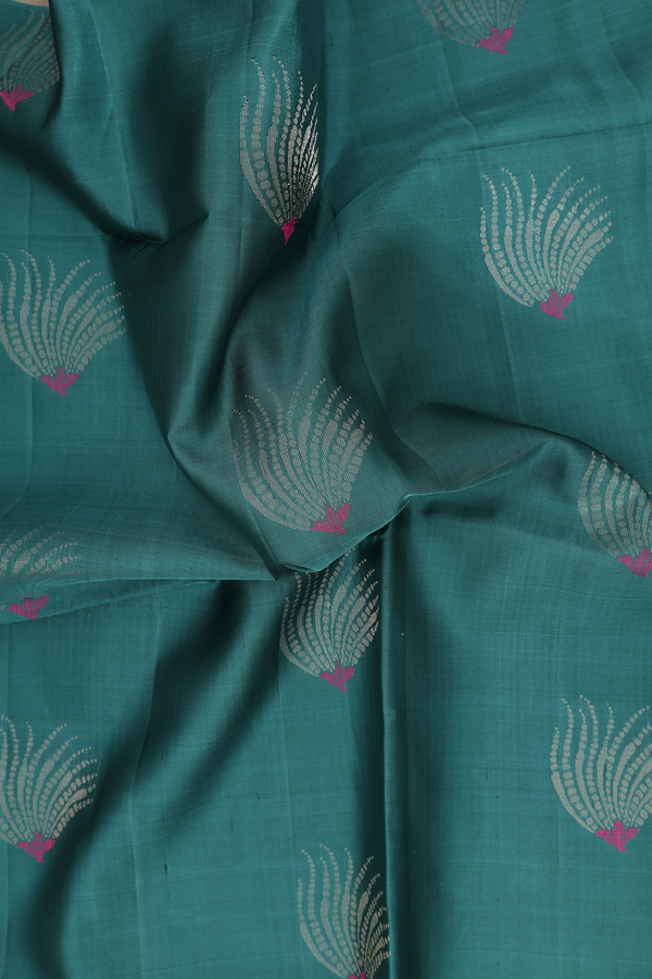 Soft Silk Saree In Pine Green With Zari Motifs