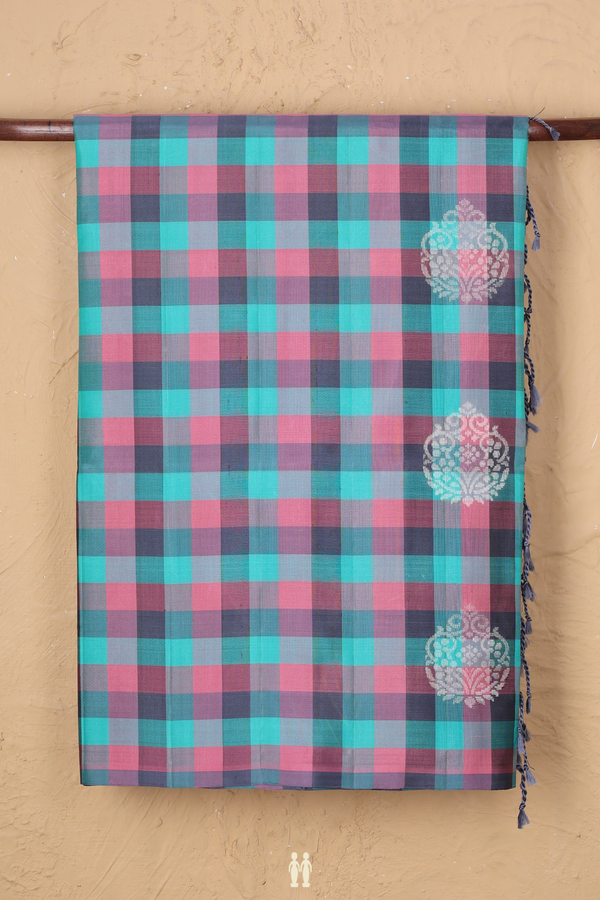Soft Silk Saree In Pink And Blue With Checks Design