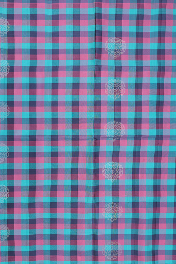 Soft Silk Saree In Pink And Blue With Checks Design