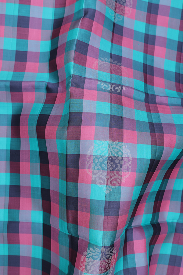 Soft Silk Saree In Pink And Blue With Checks Design
