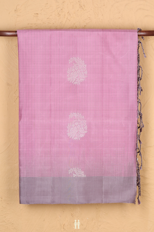 Soft Silk Saree In Pink With Checks Along Buttas