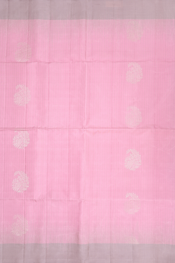 Soft Silk Saree In Pink With Checks Along Buttas