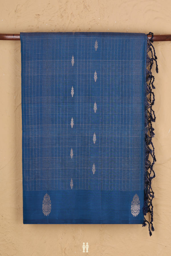 Soft Silk Saree In Prussian Blue With Checks Design