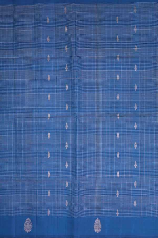 Soft Silk Saree In Prussian Blue With Checks Design