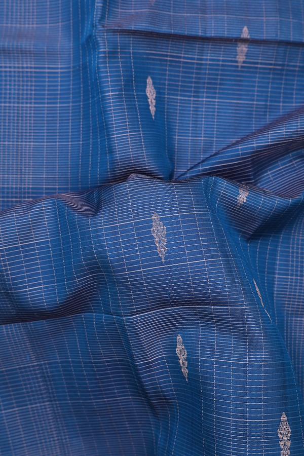 Soft Silk Saree In Prussian Blue With Checks Design