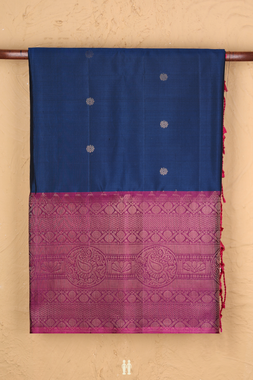 Soft Silk Saree In Prussian Blue With Floral Buttas
