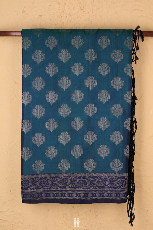 Soft Silk Saree In Prussian Blue With Zari Buttas
