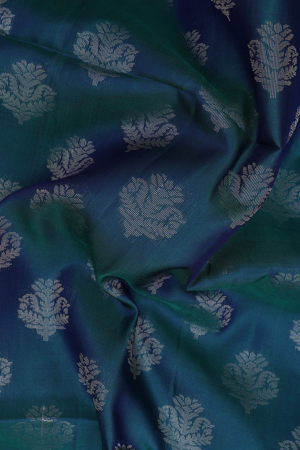 Soft Silk Saree In Prussian Blue With Zari Buttas