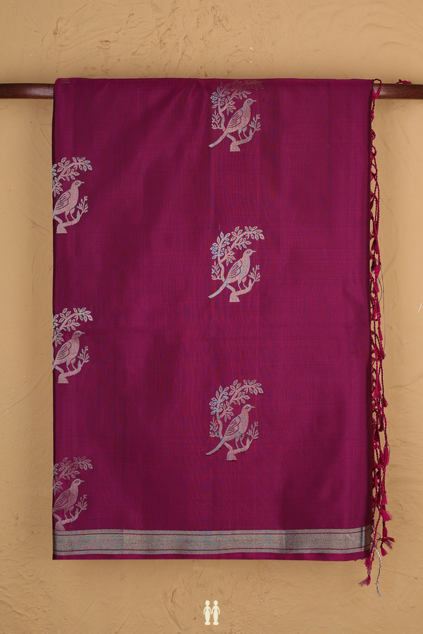 Soft Silk Saree In Purple With Parrot Motifs