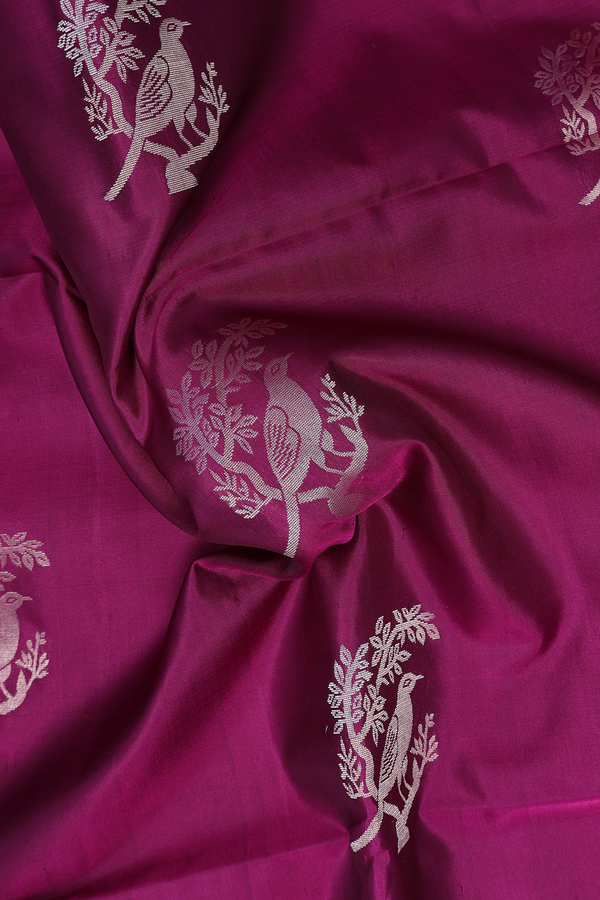 Soft Silk Saree In Purple With Parrot Motifs