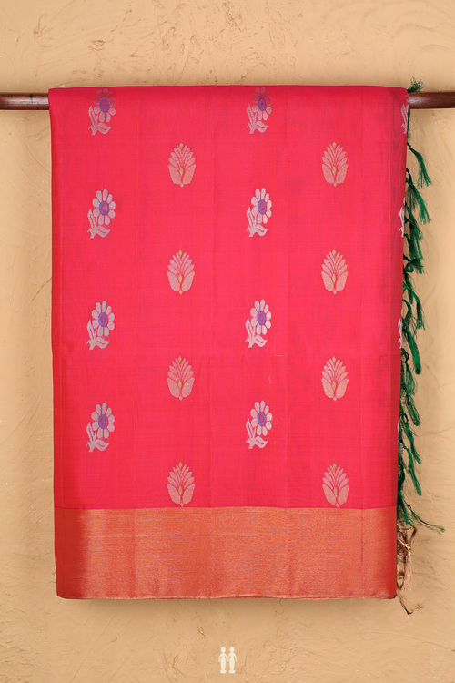 Soft Silk Saree In Rani Pink With Floral Buttas