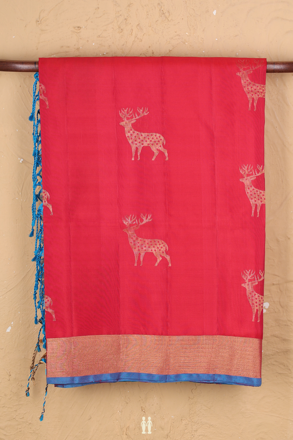 Soft Silk Saree In Red With Deer Motifs