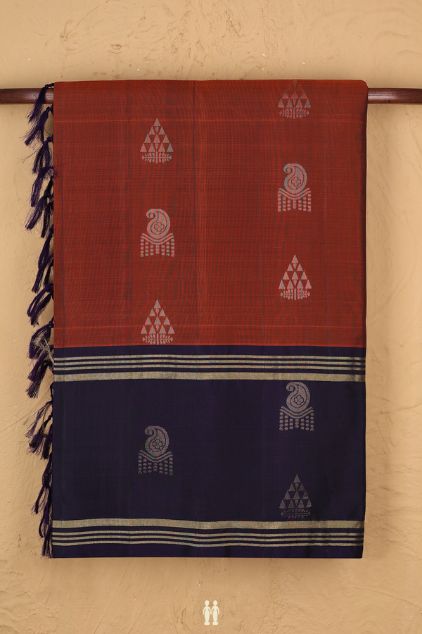 Soft Silk Saree In Rust Red With Paisley Motifs