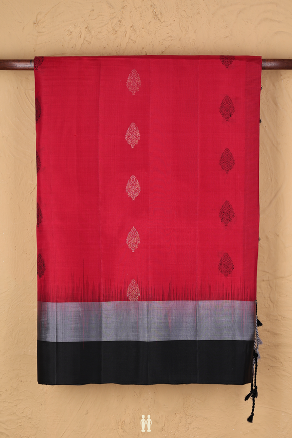Soft Silk Saree In Rose Red With Zari Buttas