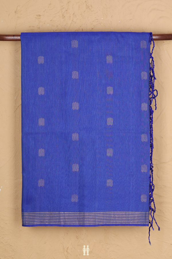 Linen Saree In Royal Blue With Zari Buttas