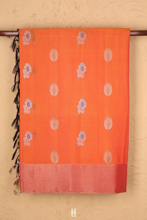 Soft Silk Saree In Royal Orange With Floral Buttas