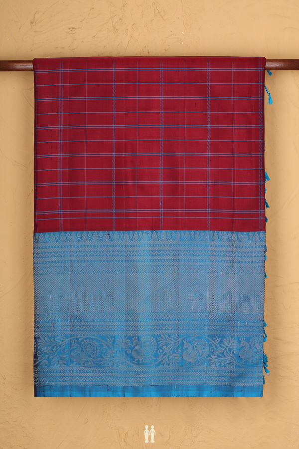 Soft Silk Saree In Ruby Red With Checks Design