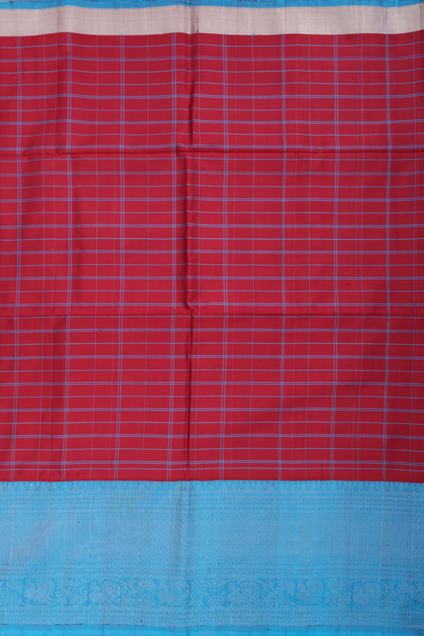 Soft Silk Saree In Ruby Red With Checks Design