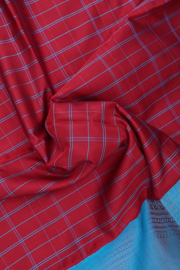 Soft Silk Saree In Ruby Red With Checks Design