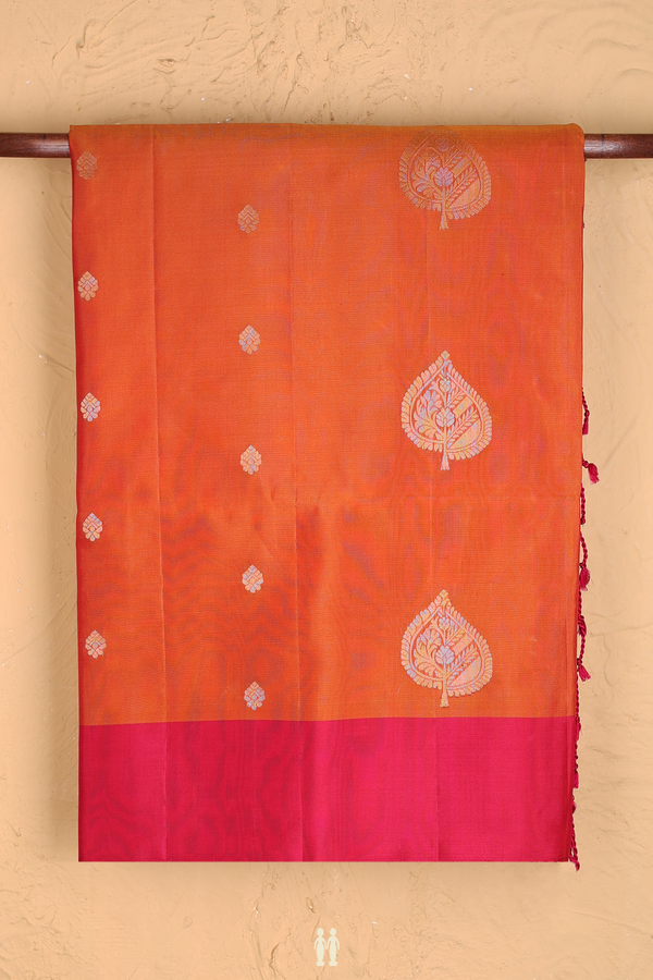 Soft Silk Saree In Rust Orange With Leaf Motifs