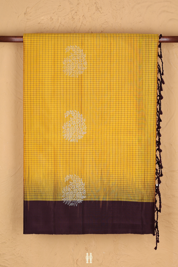 Soft Silk Saree In Saffron Yellow With Checks Design