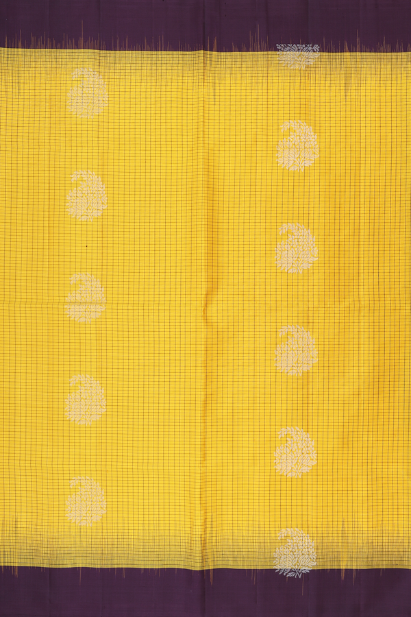 Soft Silk Saree In Saffron Yellow With Checks Design