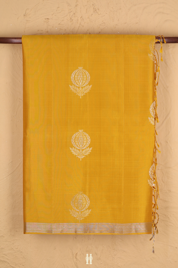 Soft Silk Saree In Saffron Yellow With Floral Motifs
