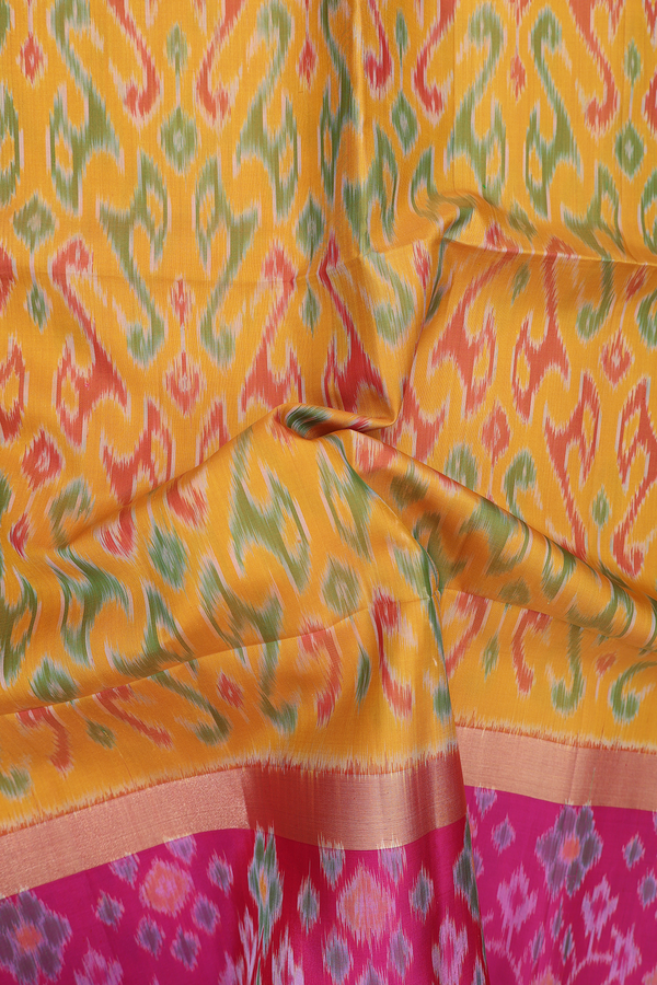 Soft Silk Saree In Mustard Yellow With Printed Design